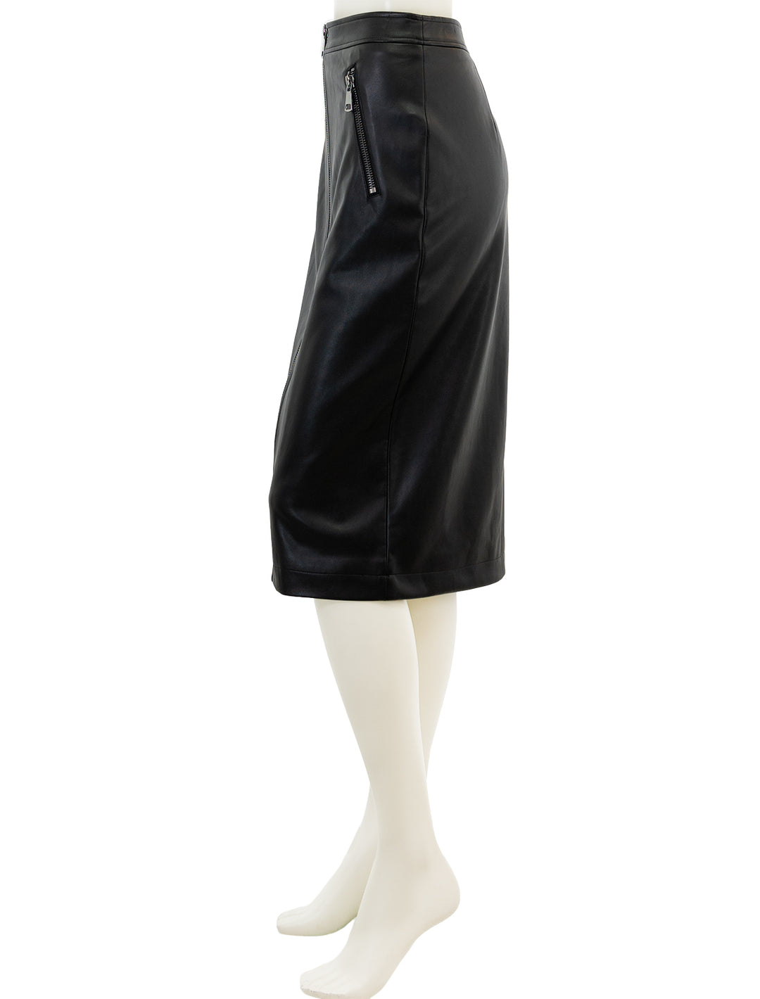 Side view of Essentiel Antwerp's encourage faux leather skirt in black.