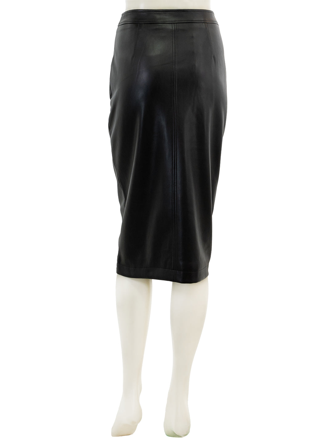 Back view of Essentiel Antwerp's encourage faux leather skirt in black.