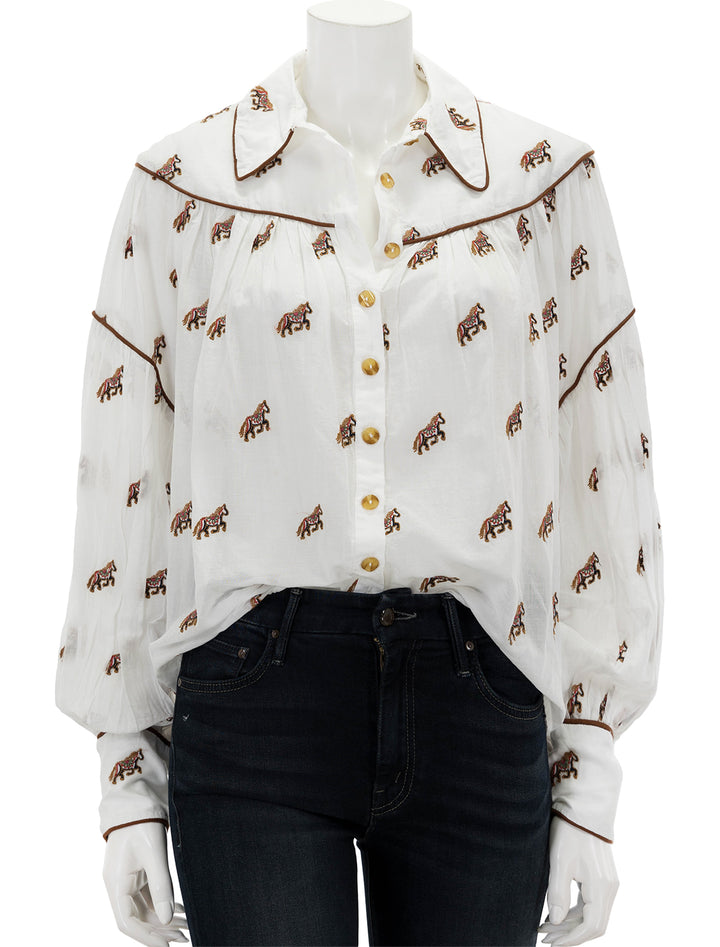 front view of embroidered horses blouse