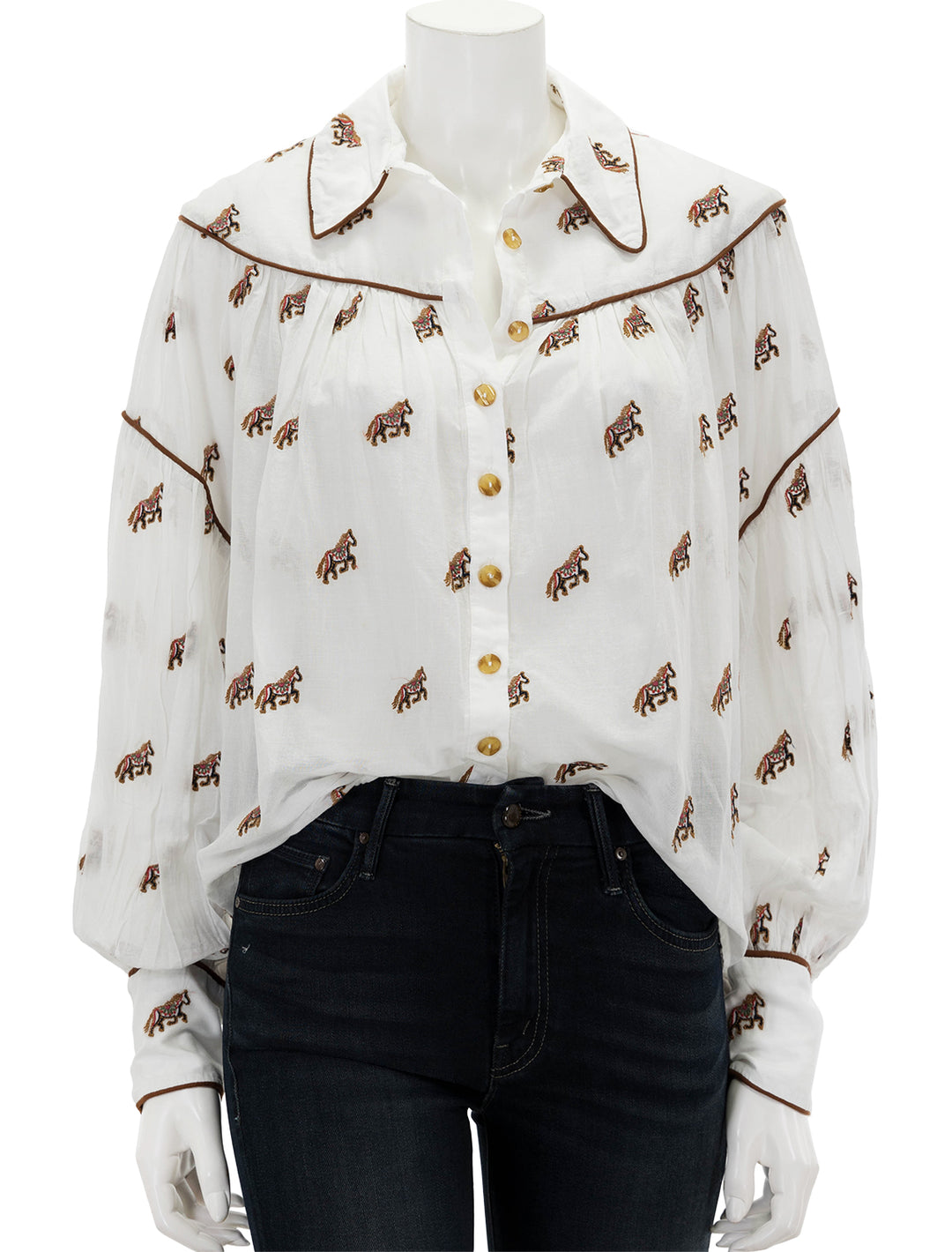 front view of embroidered horses blouse
