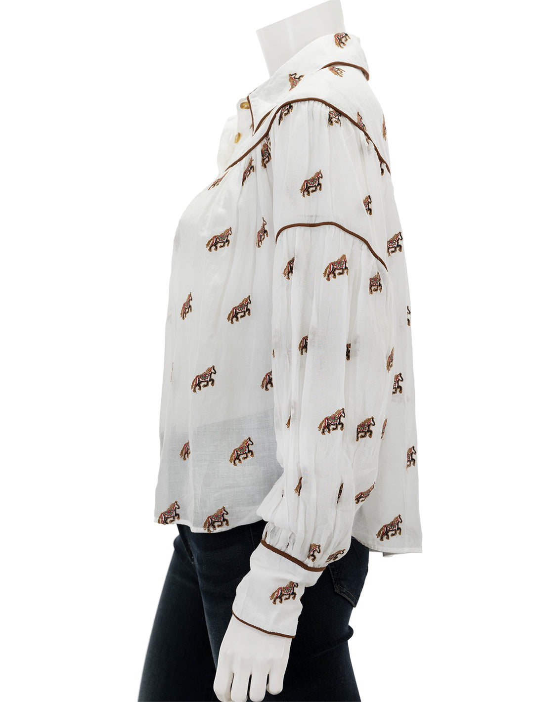 side view of embroidered horses blouse