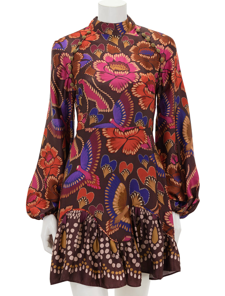 Front view of Farm Rio's bright flora brown long sleeve mini dress.