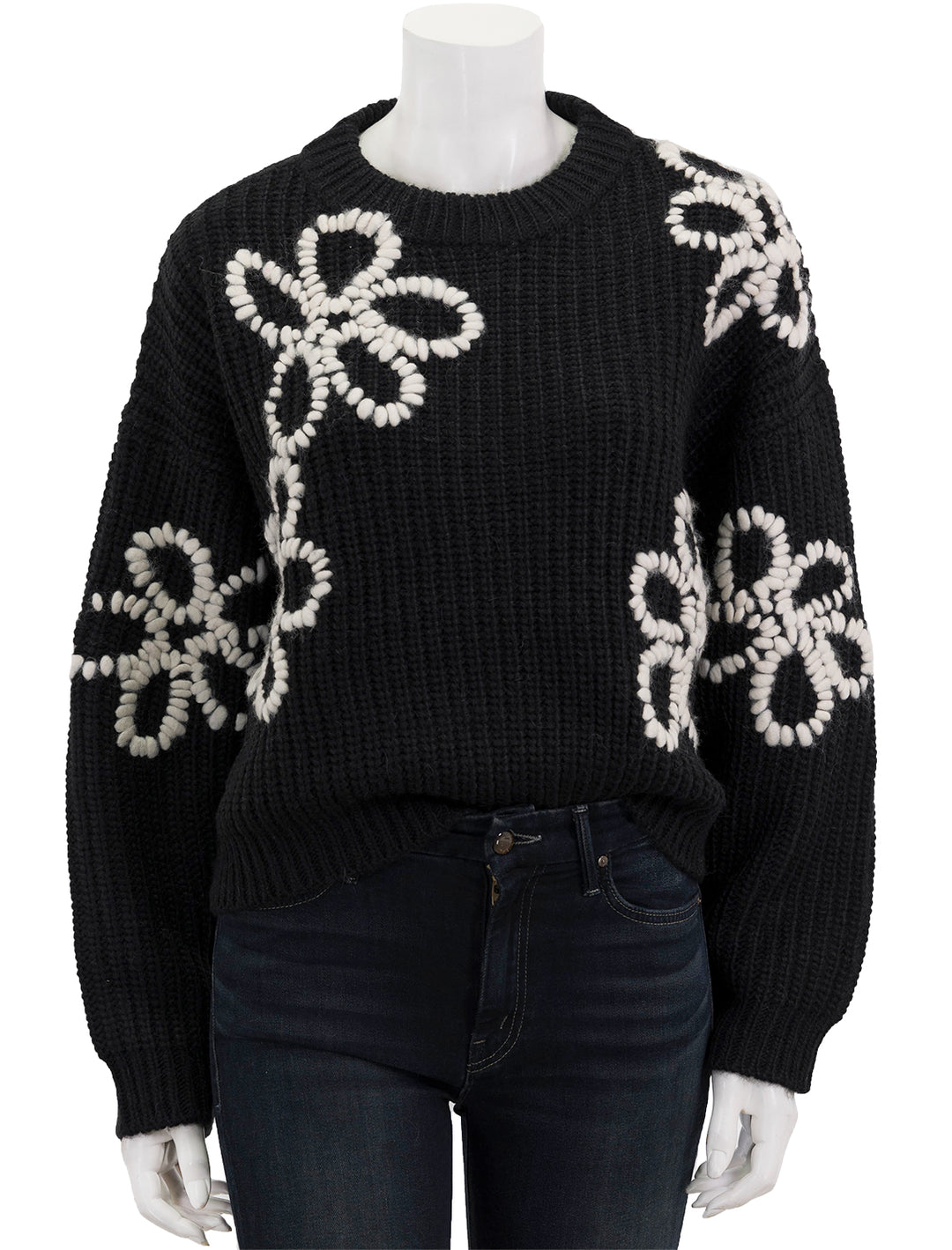 Front view of Essentiel Antwerp's eschew embroidered pullover in black