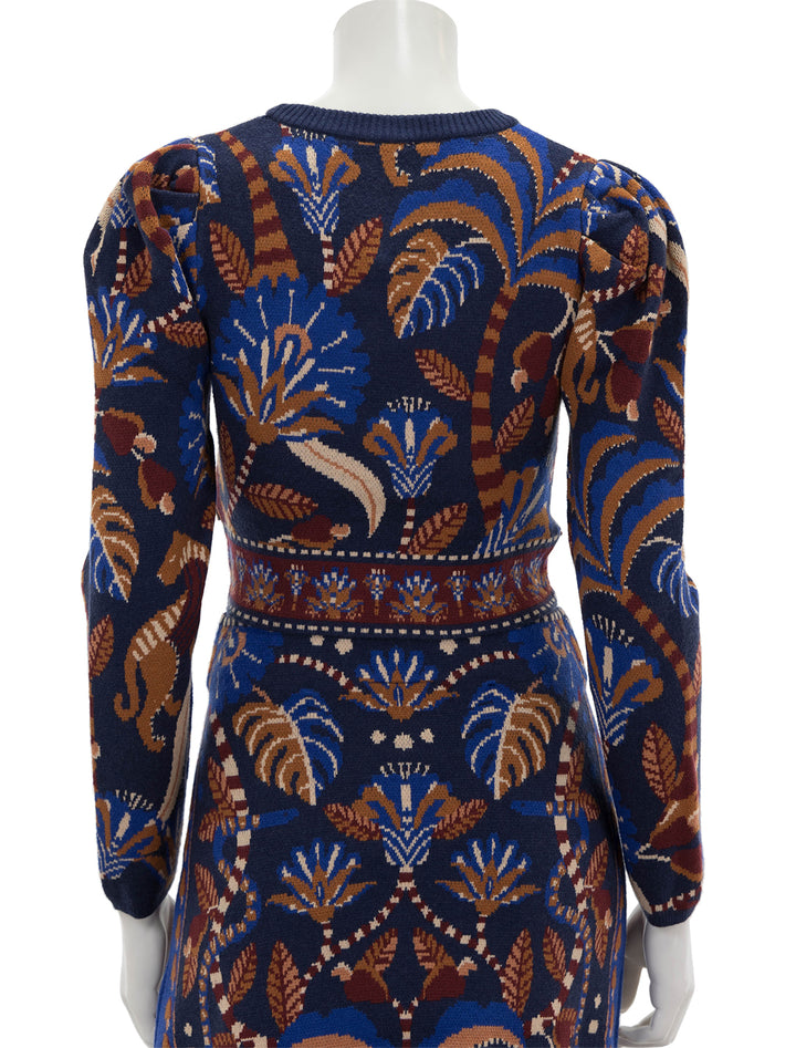 Back view of Farm Rio's nature beauty blue scarf knit long sleeve crop top.