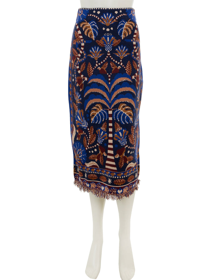 Front view of Farm Rio's nature beauty blue scarf knit midi skirt.