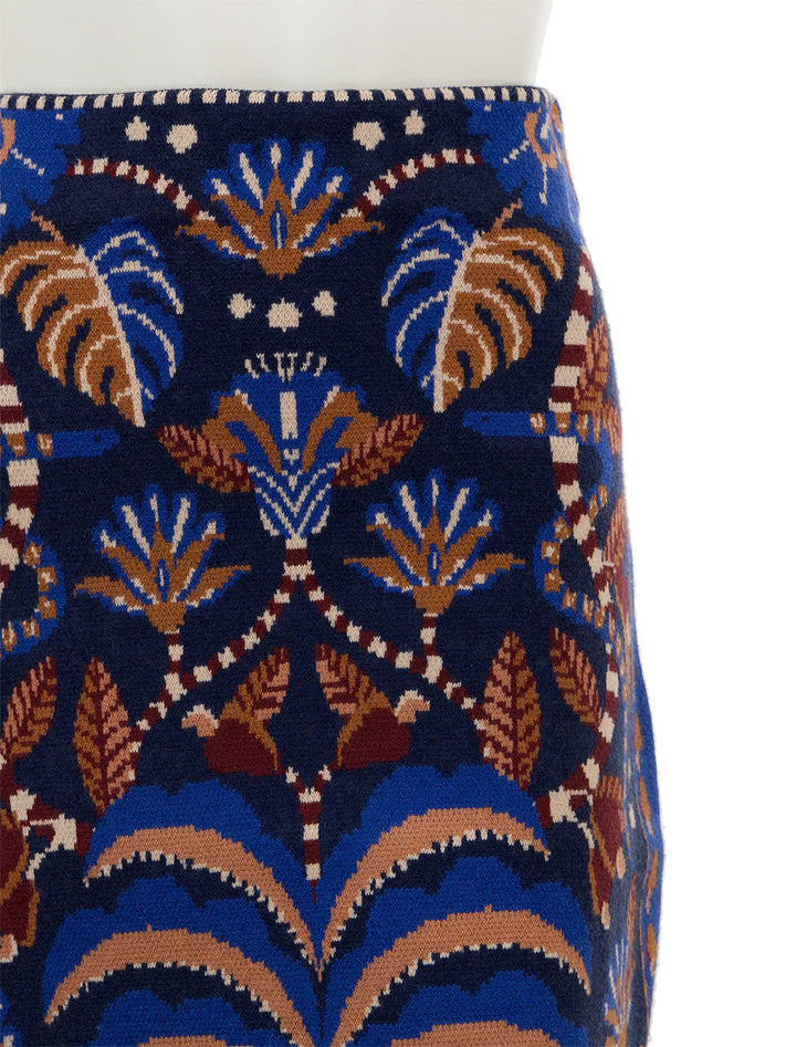 Close-up view of Farm Rio's nature beauty blue scarf knit midi skirt.