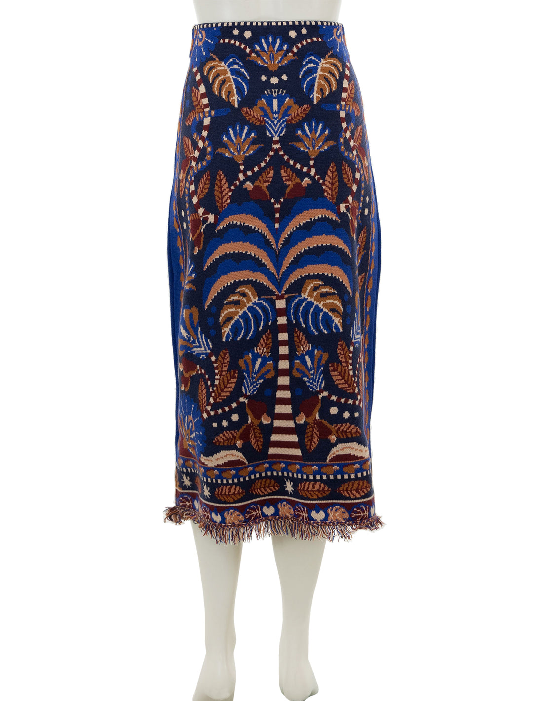 Back view of Farm Rio's nature beauty blue scarf knit midi skirt.