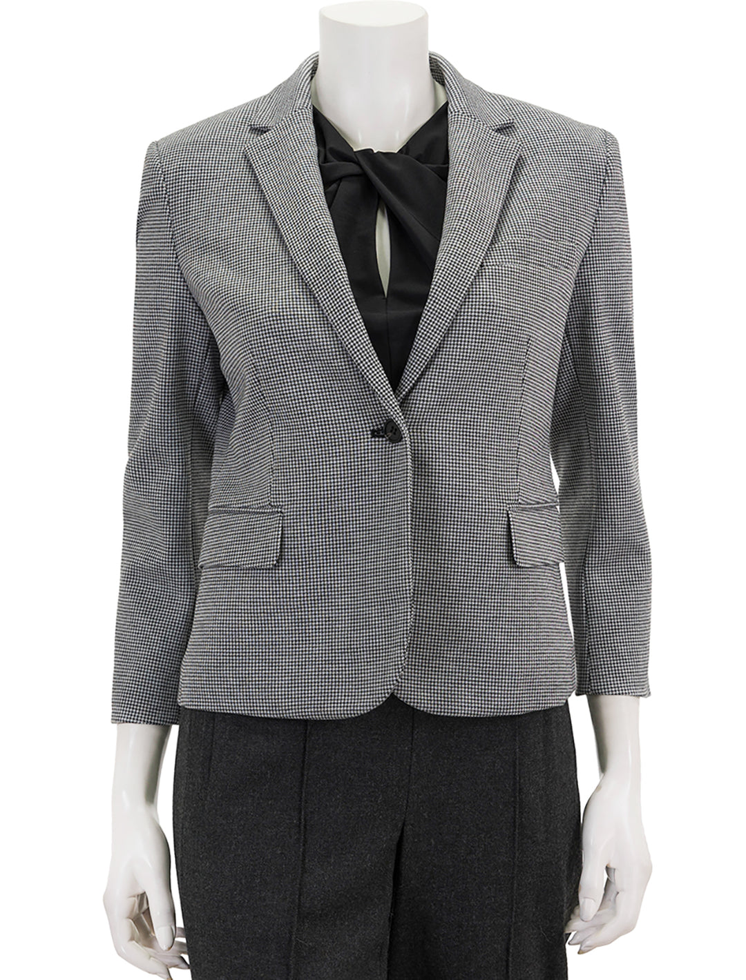 Front view of Theory's shrunken knit blazer in black & white multi, buttoned.