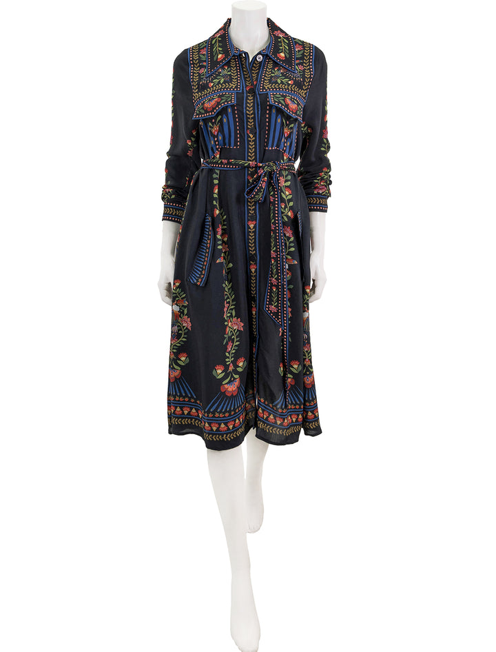 Front view of FARM Rio's toucan garden black midi dress.