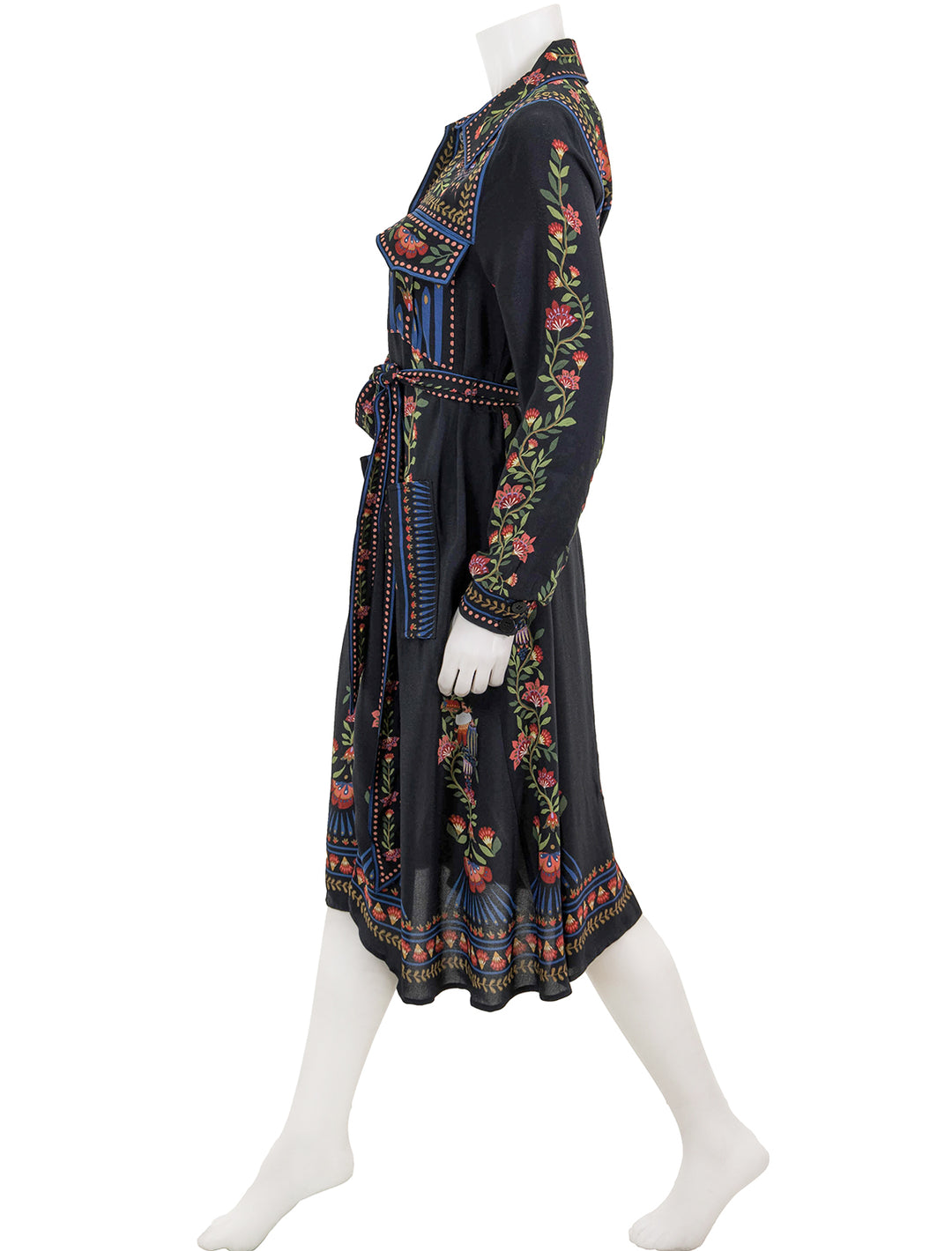 Side view of FARM Rio's toucan garden black midi dress.