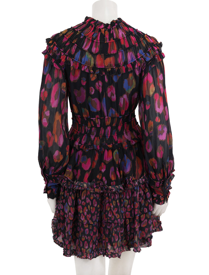 Back view of FARM Rio's iridescent leopards black ruffled mini dress.