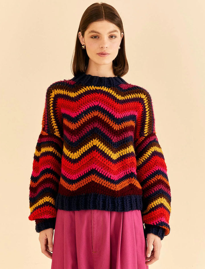 Model wearing FARM Rio's waves crochet sweater.