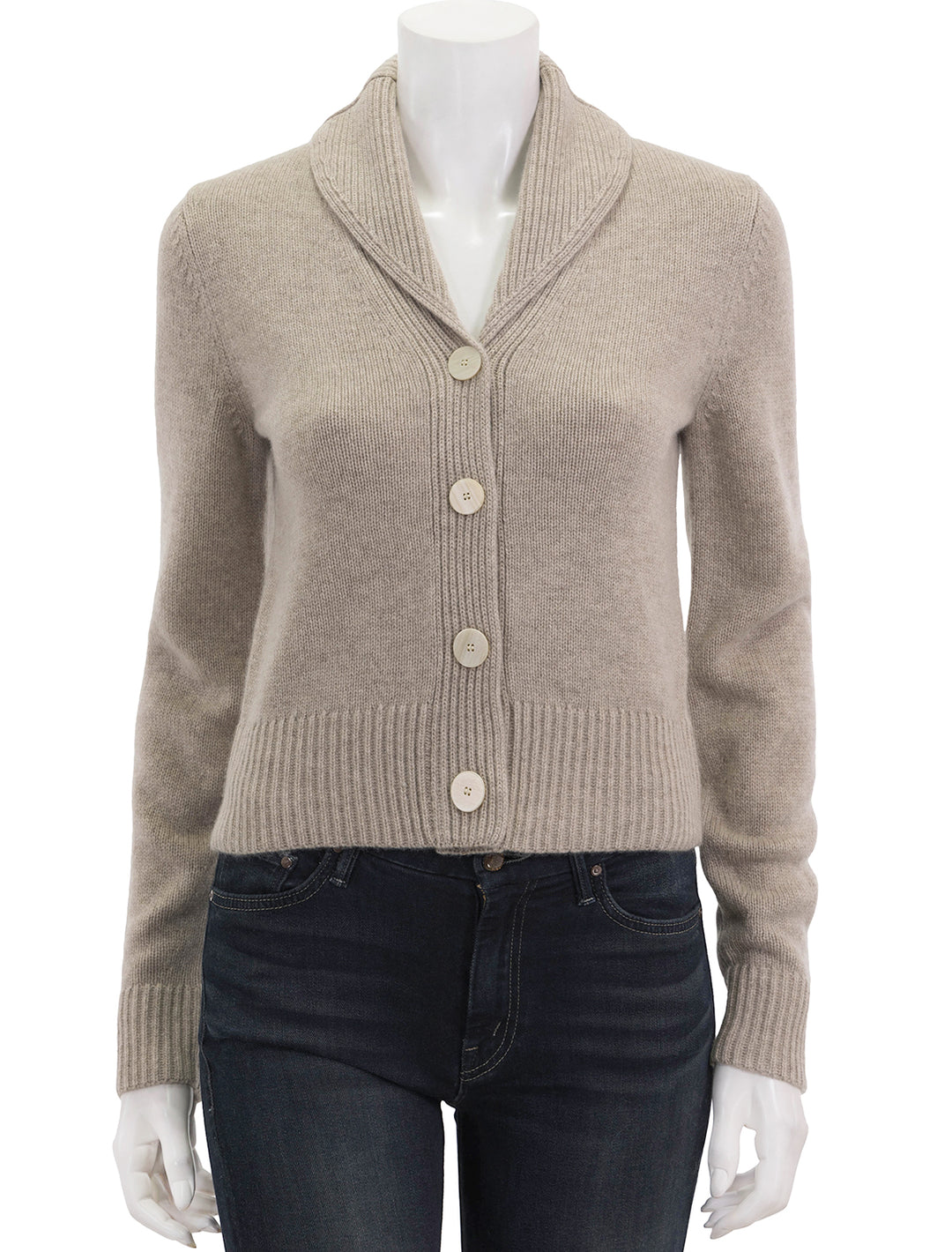 Front view of Theory's crop shawl cardigan in oat melange.