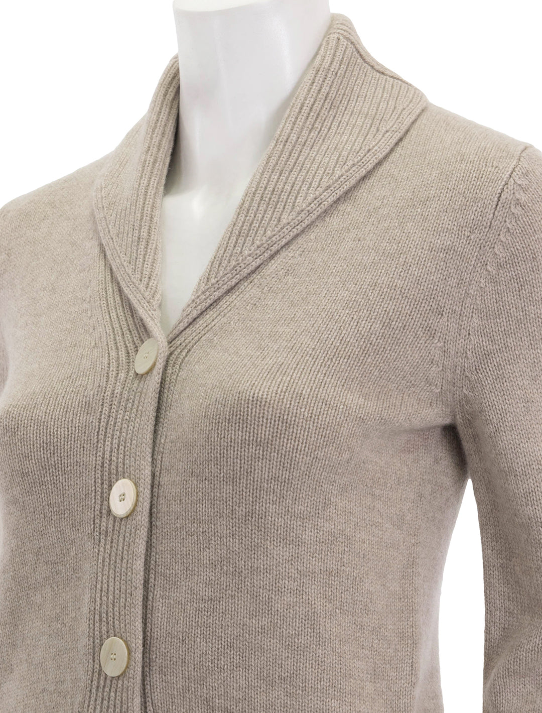Close-up view of Theory's crop shawl cardigan in oat melange.