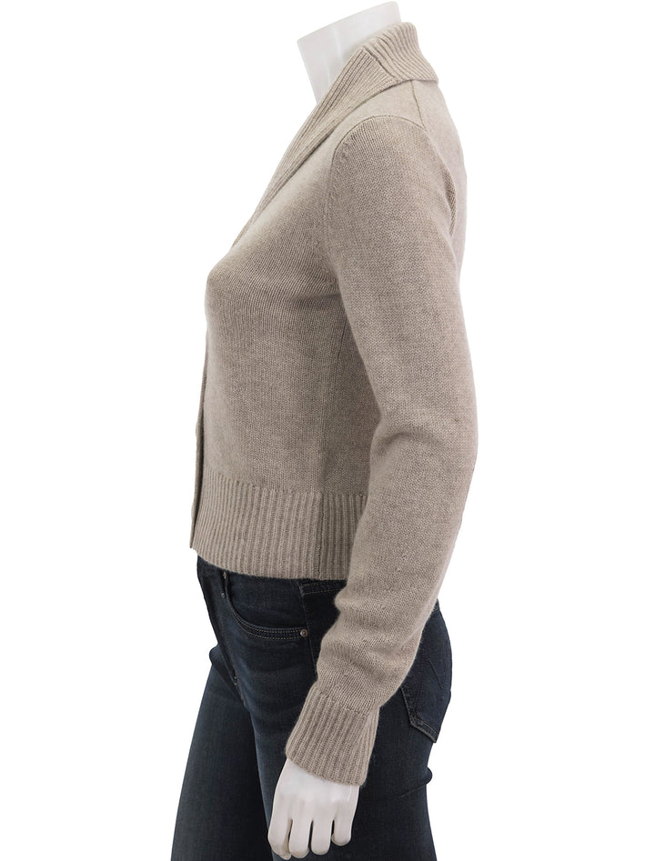 Side view of Theory's crop shawl cardigan in oat melange.