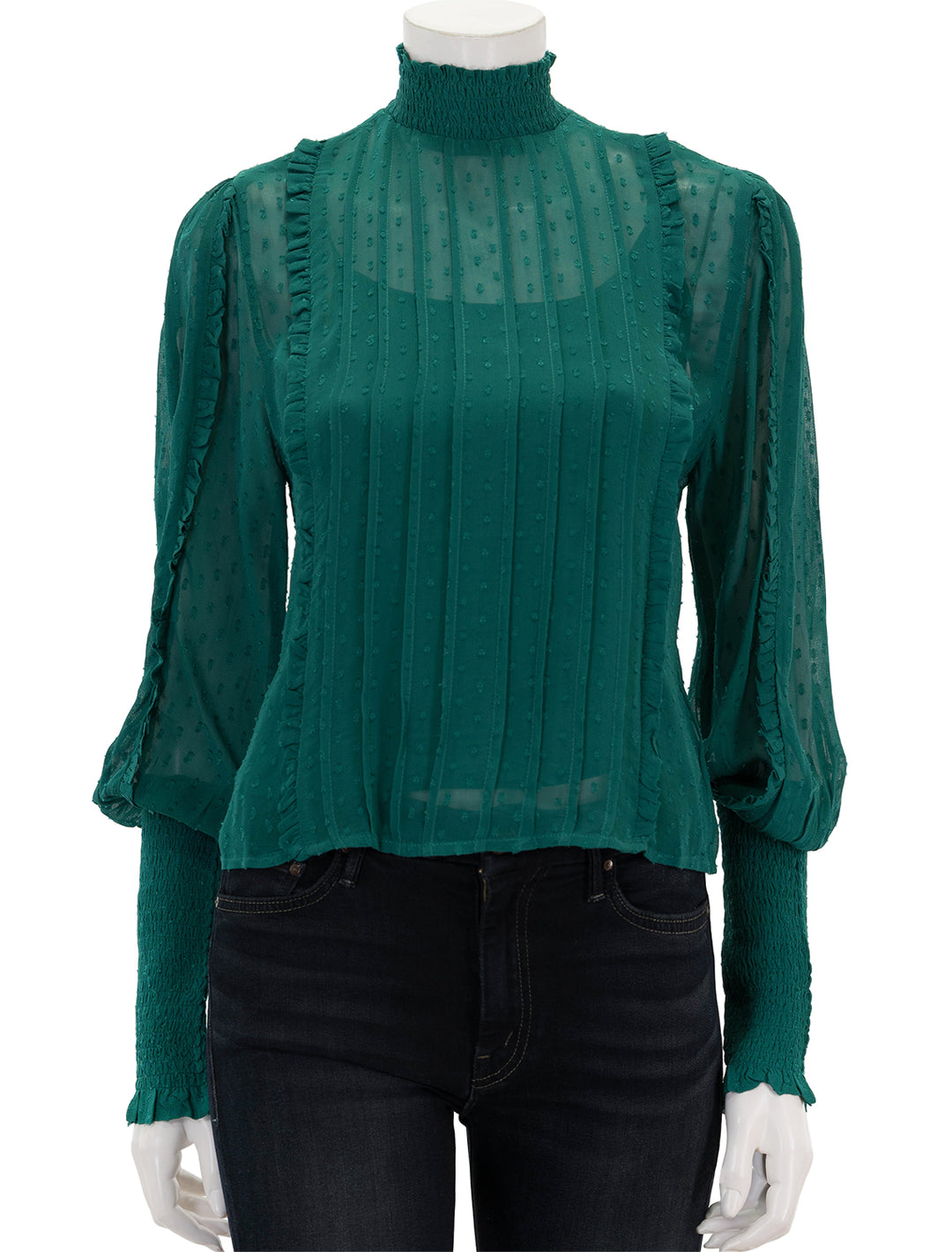 Front view of FARM Rio's emerald ruffled blouse.