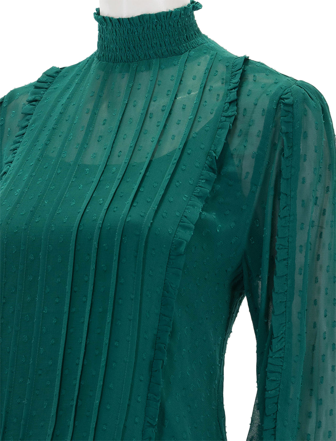 Close-up view of FARM Rio's emerald ruffled blouse.