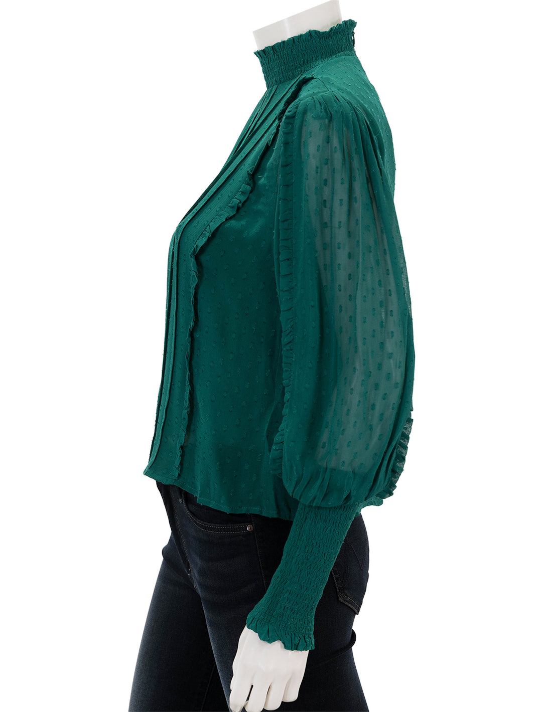 Side view of FARM Rio's emerald ruffled blouse.