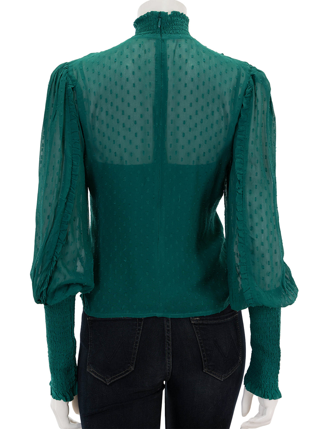 Back view of FARM Rio's emerald ruffled blouse.