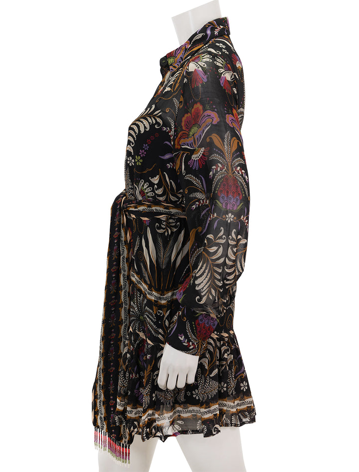 Side view of FARM Rio's classic garden black mini dress.