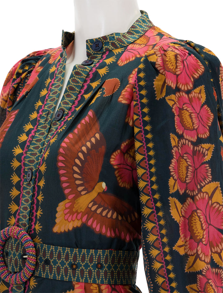 Close-up view of FARM Rio's ainika sparkle teal puff sleeve mini dress.