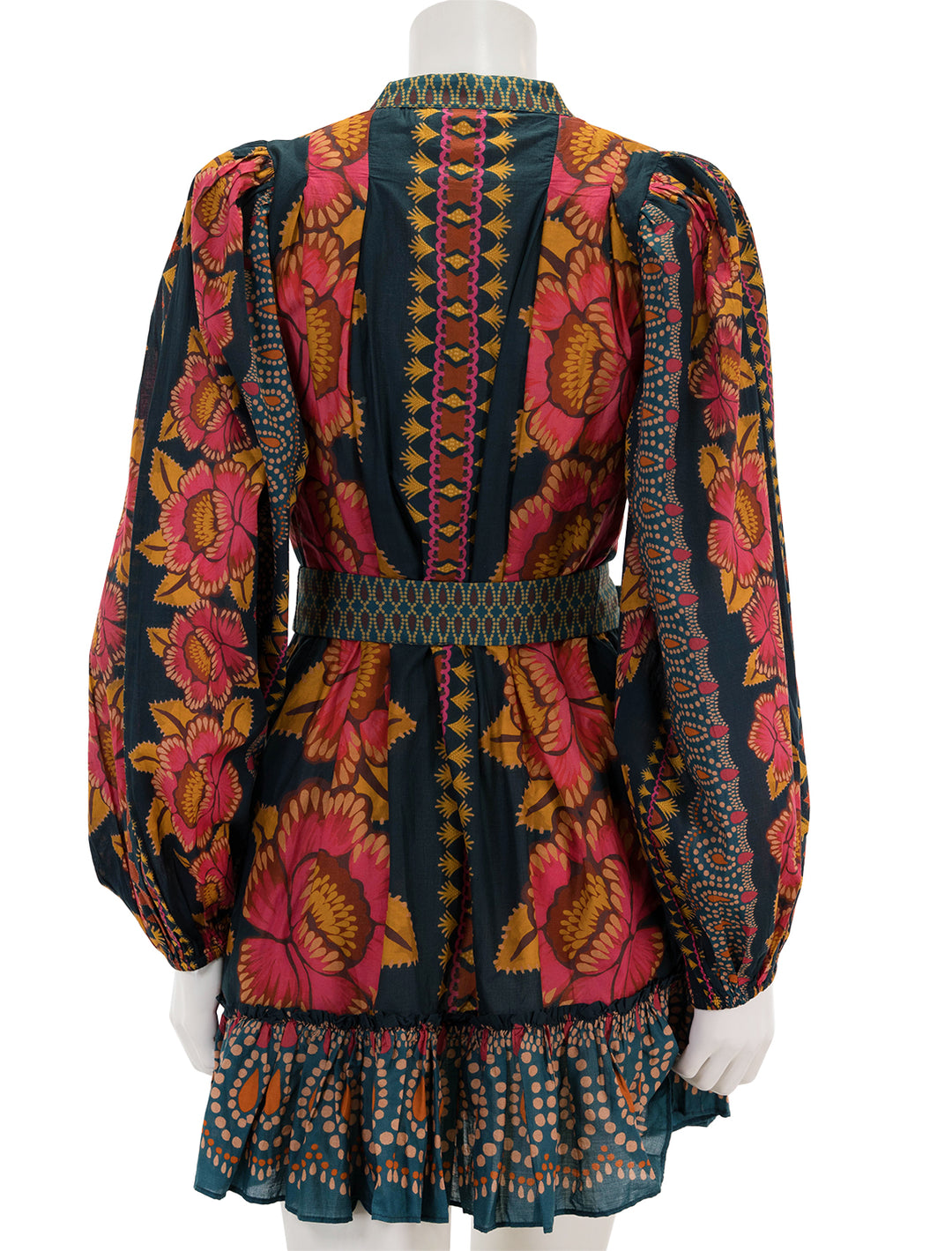 Back view of FARM Rio's ainika sparkle teal puff sleeve mini dress.