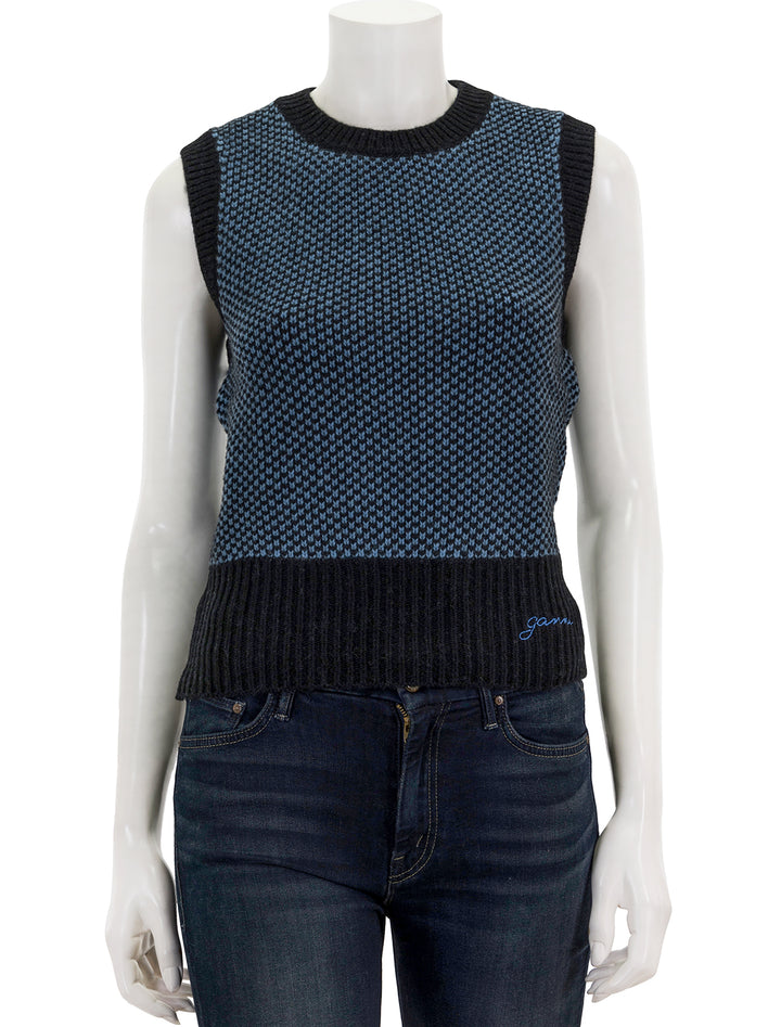 Front view of GANNI's graphic two tone vest in silver lake blue.