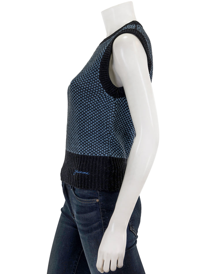 Side view of GANNI's graphic two tone vest in silver lake blue.