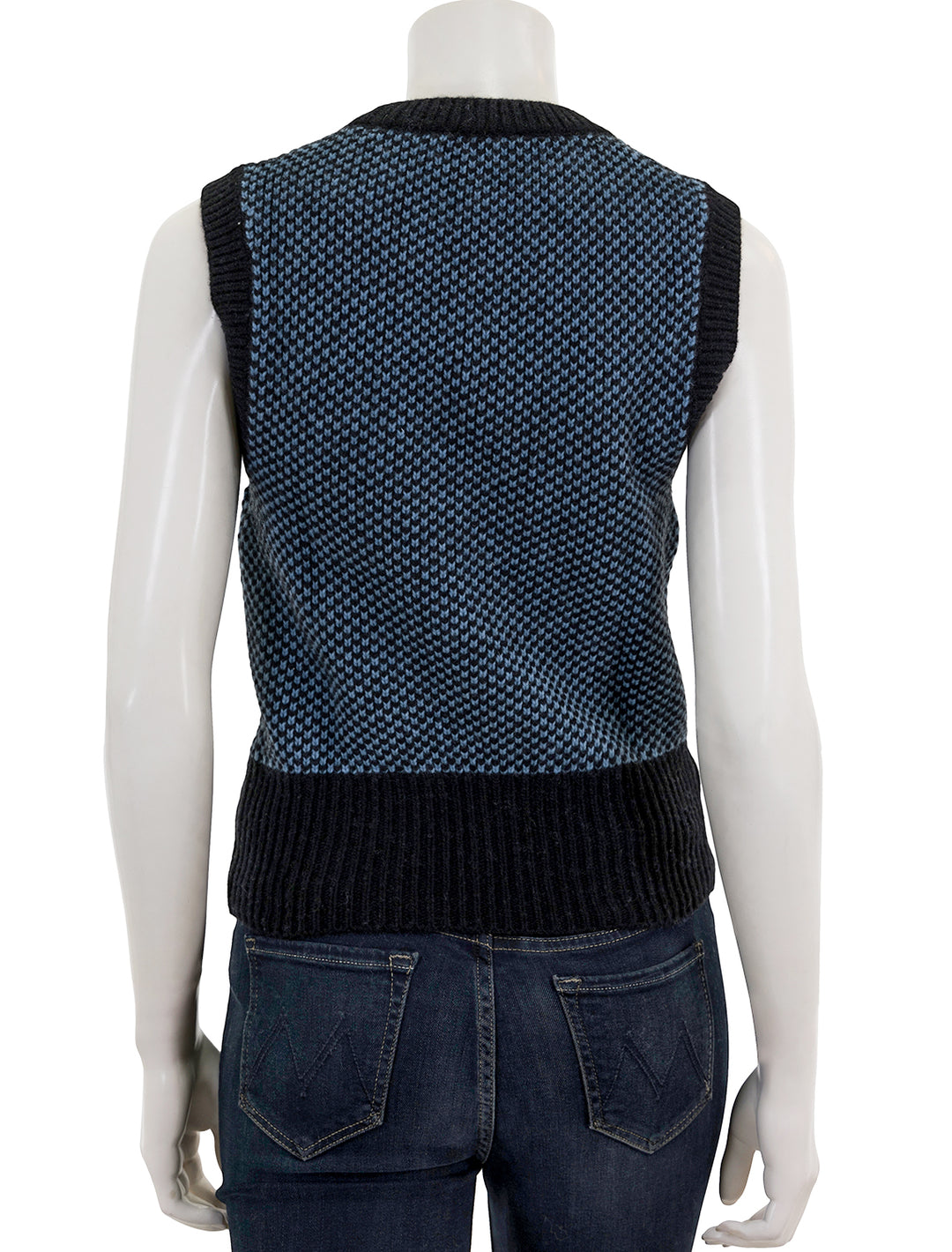 Back view of GANNI's graphic two tone vest in silver lake blue.