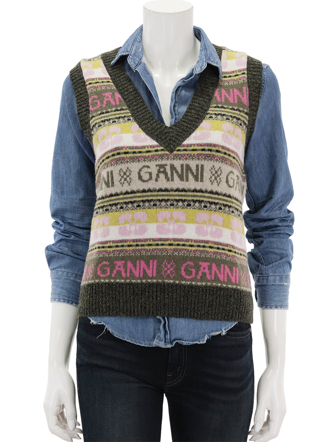 Front view of GANNI's logo wool mix vest in kalamata.