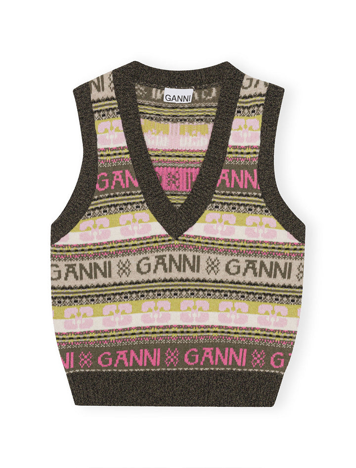 Flat lay of GANNI's logo wool mix vest in kalamata.