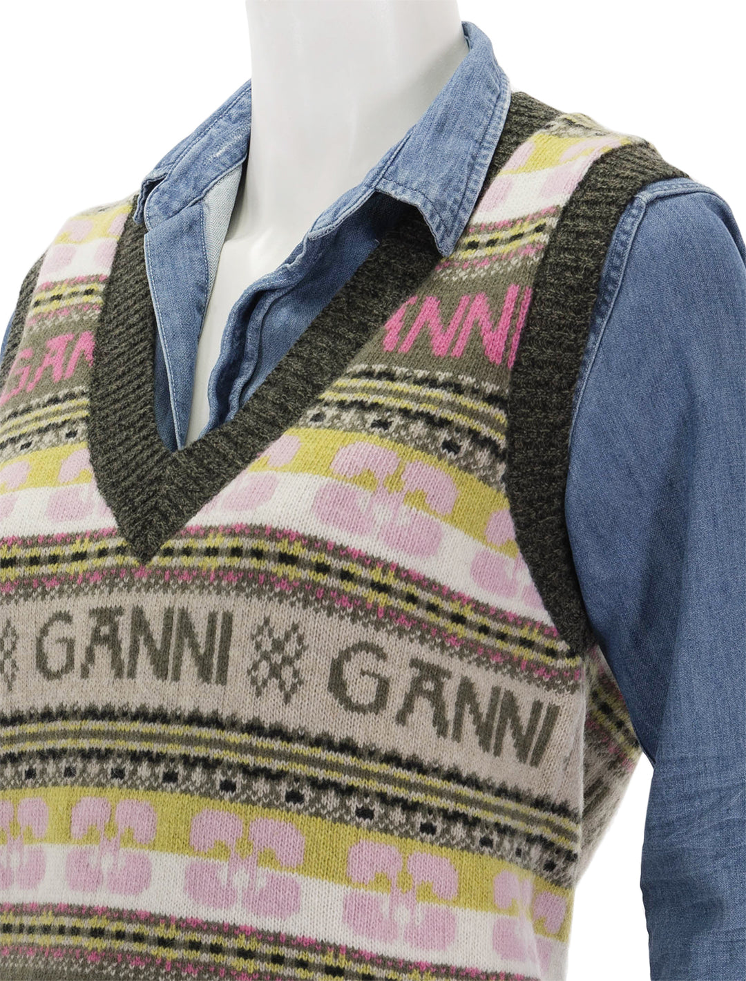 Close-up view of GANNI's logo wool mix vest in kalamata.