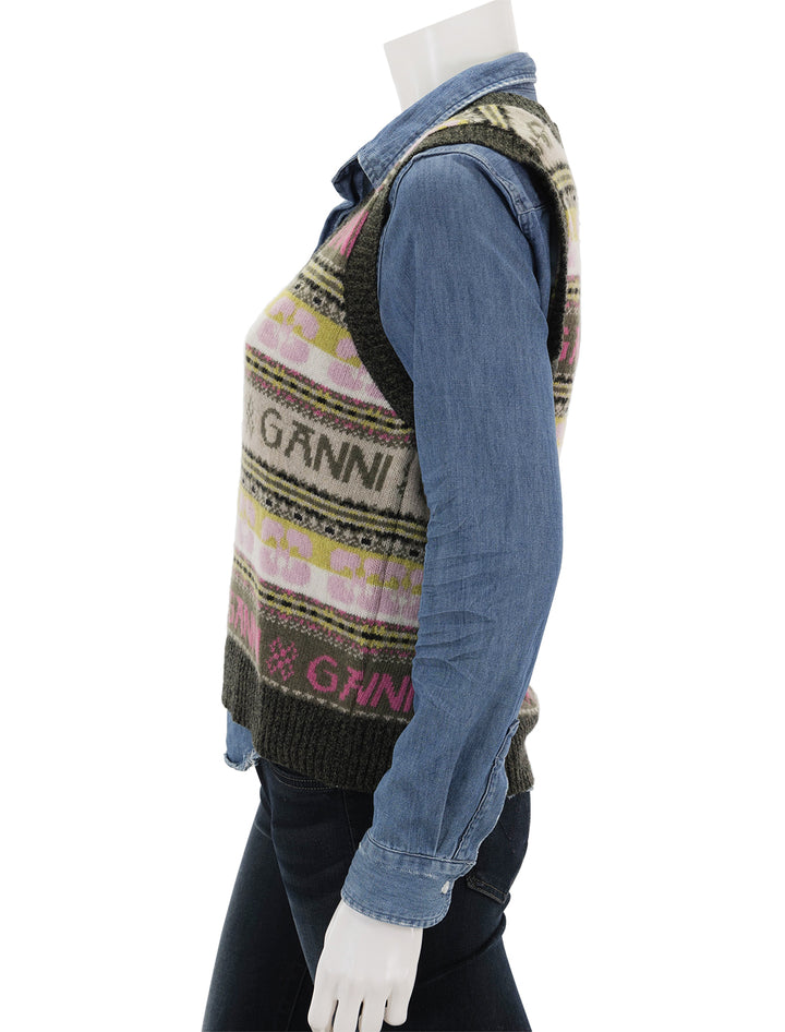 Side view of GANNI's logo wool mix vest in kalamata.