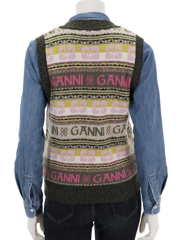 Back view of GANNI's logo wool mix vest in kalamata.