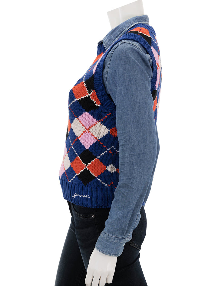 Side view of GANNI's graphic cotton vest in sodalite blue.