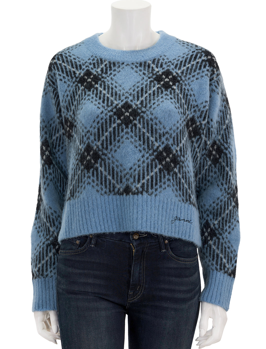Front view of GANNI's check wool oversized pullover in silver lake blue.