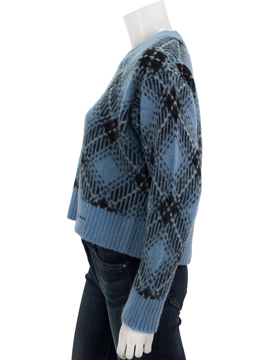 Side view of GANNI's check wool oversized pullover in silver lake blue.