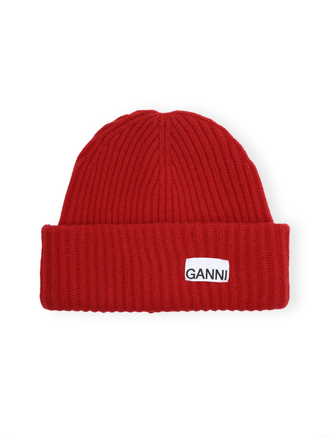 Overhead view of GANNI's structured rib beanie in racing red.