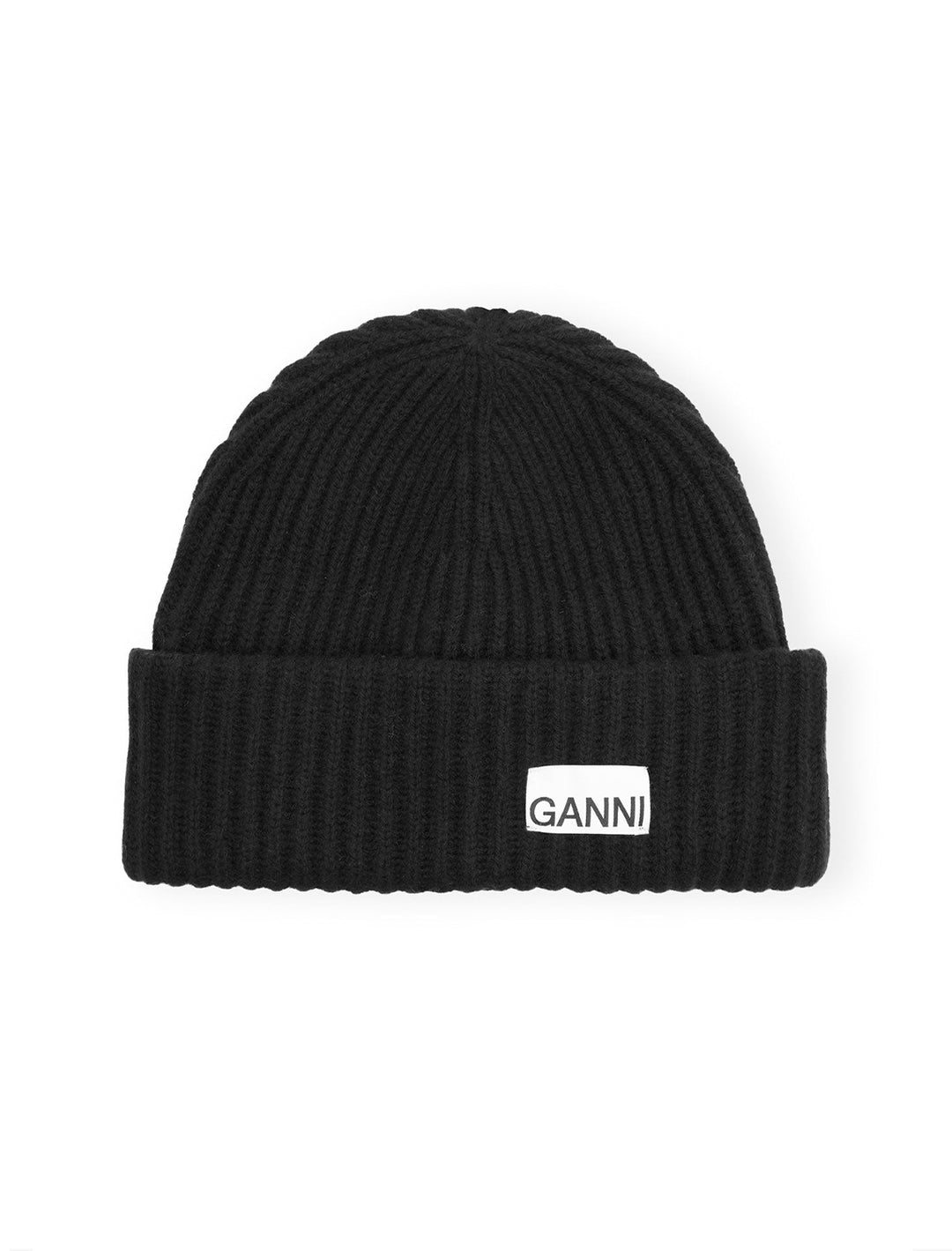 Overhead view of GANNI's structured rib beanie in black.