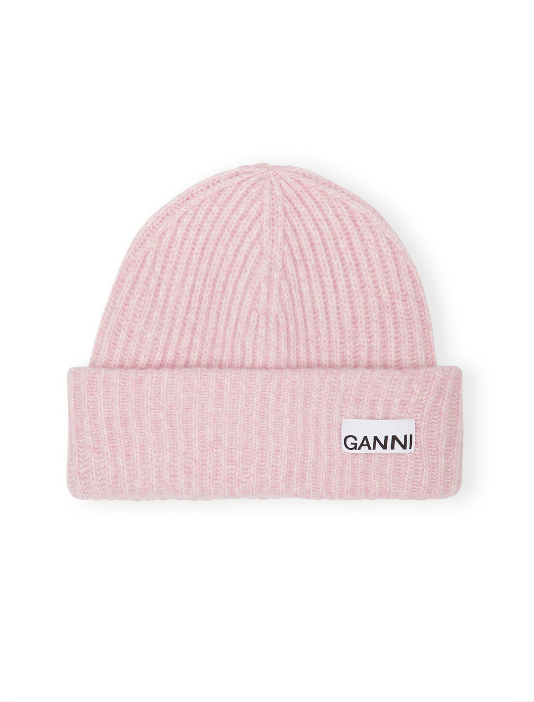 Overhead view of GANNI's structured rib beanie in lilac sachet.