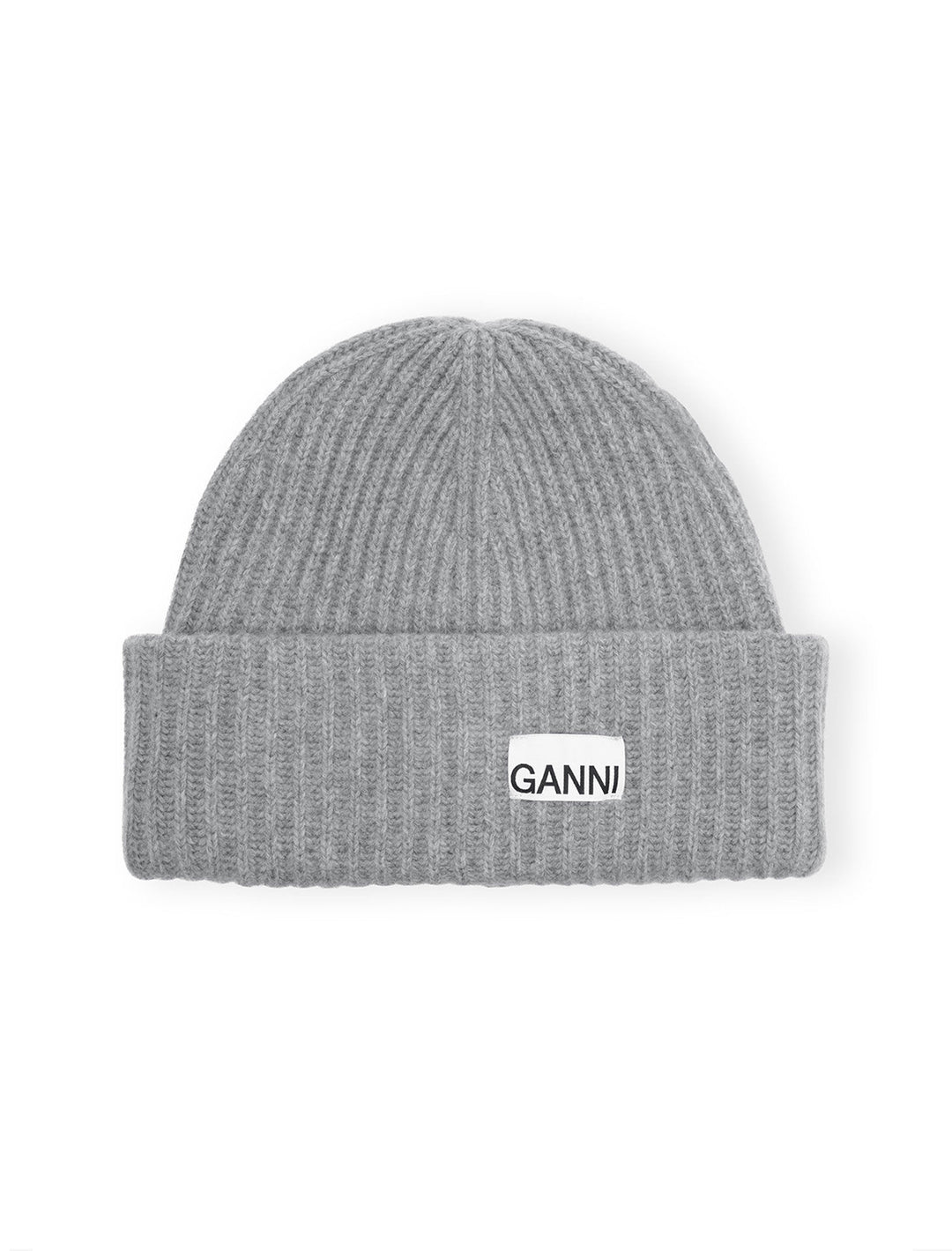Overhead view of GANNI's structured rib beanie in paloma melange.