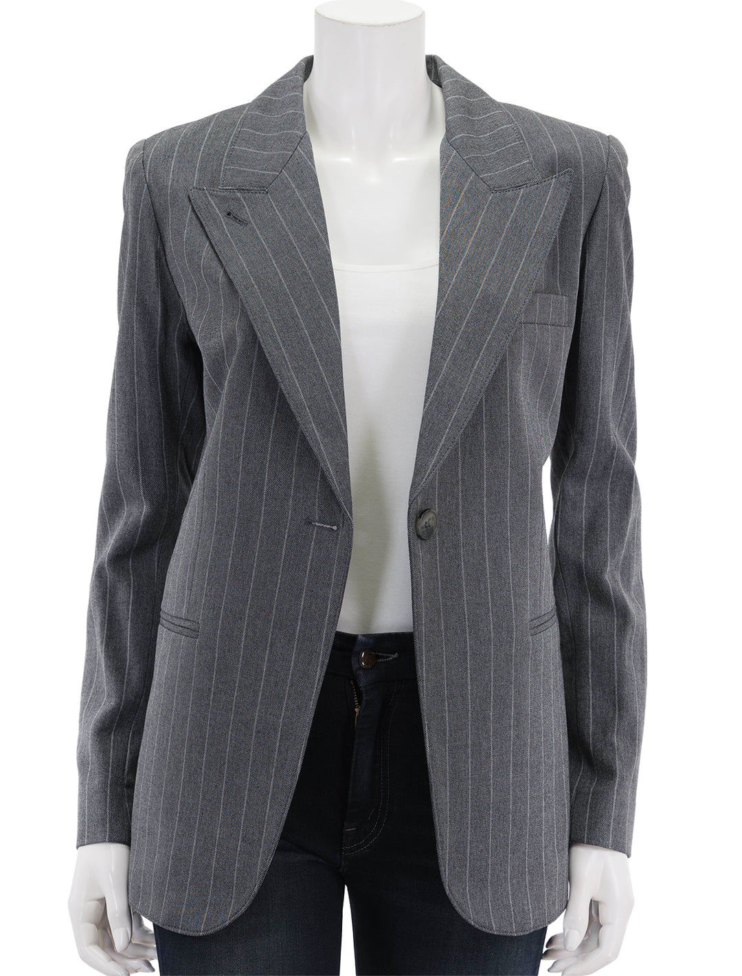 Front view of Smythe's 90's blazer in grey pinstripe, unbuttoned.