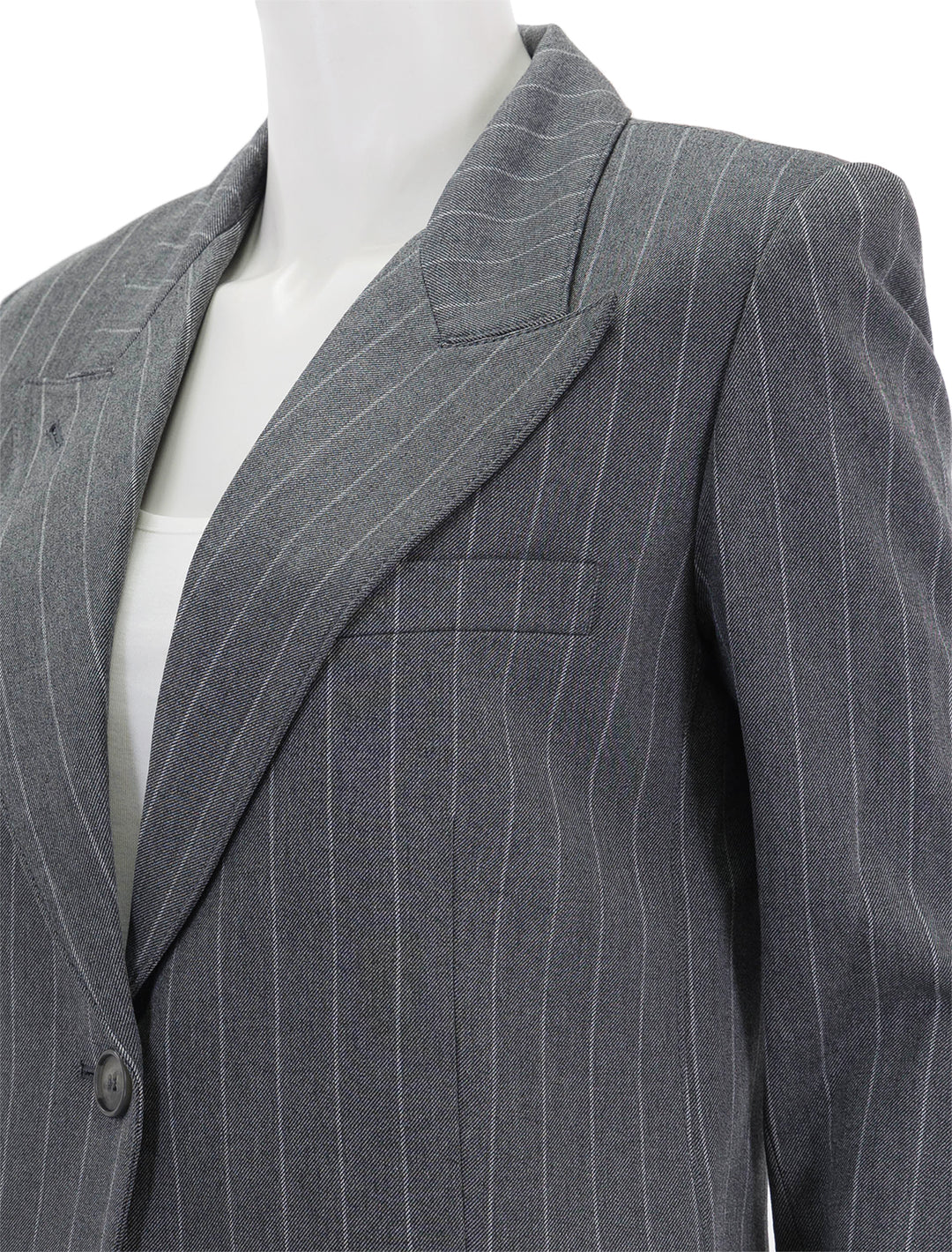 Close-up view of Smythe's 90's blazer in grey pinstripe.