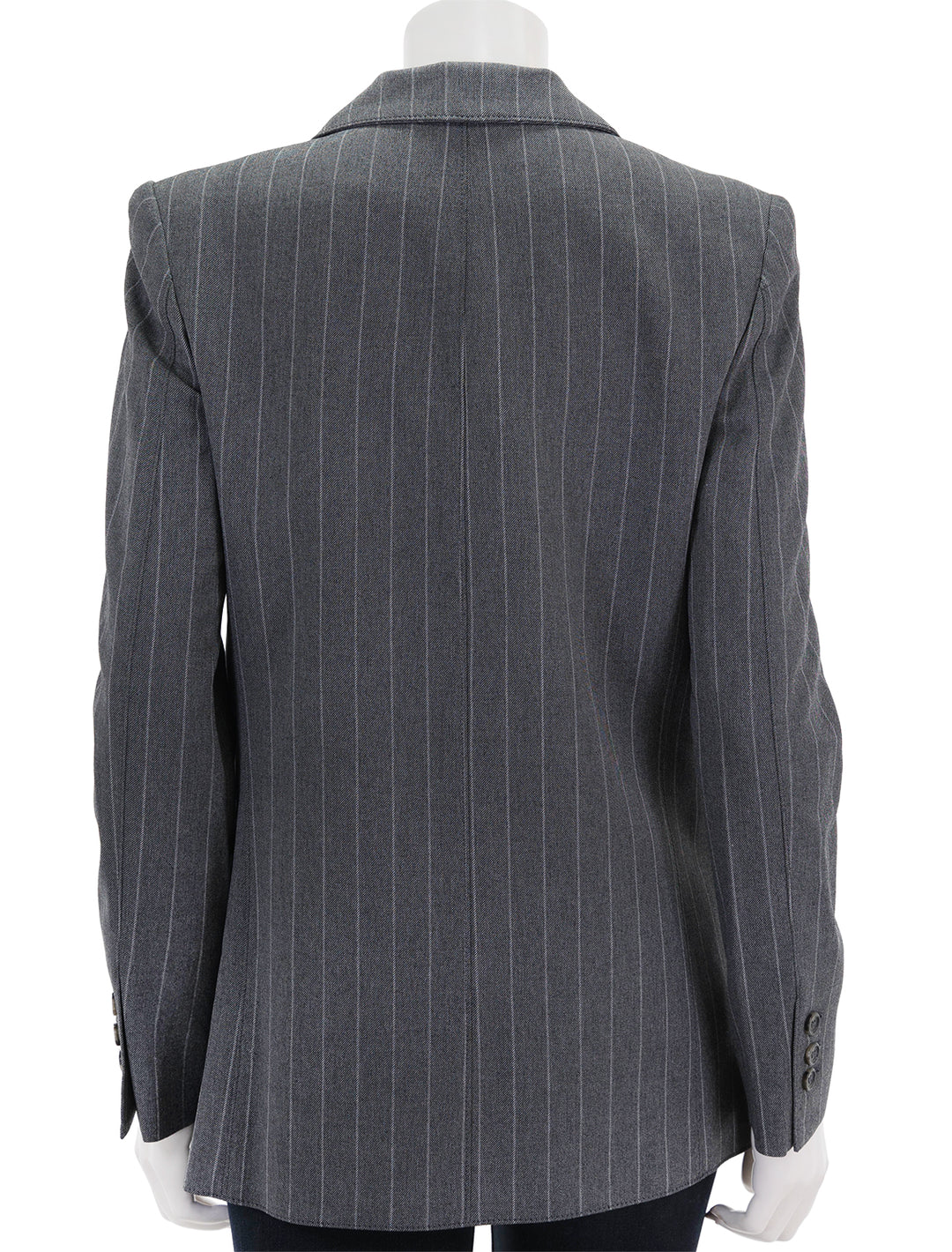 Back view of Smythe's 90's blazer in grey pinstripe.