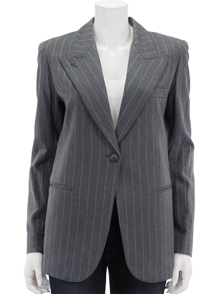 Front view of Smythe's 90's blazer in grey pinstripe, buttoned.