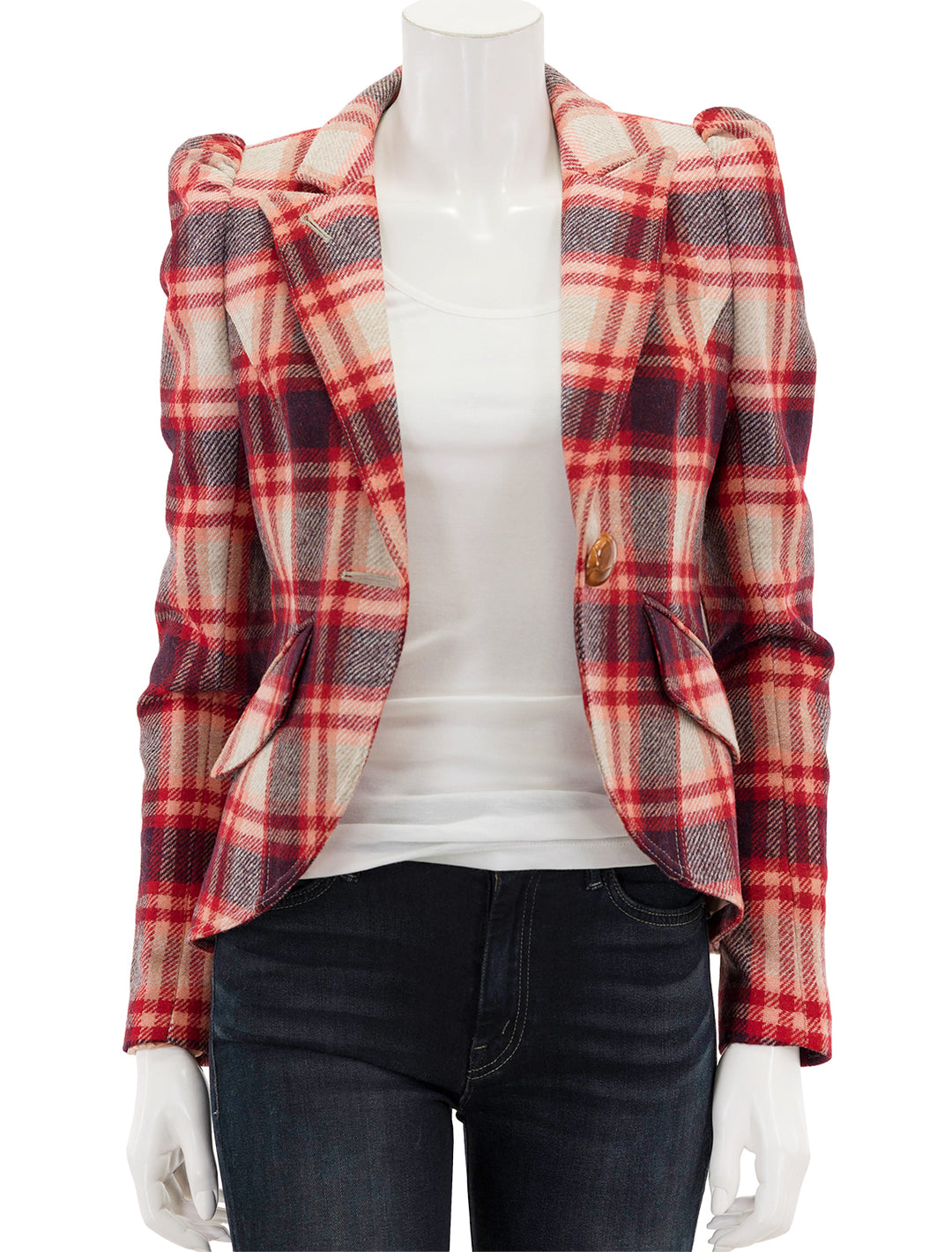 Front view of Smythe's pouf sleeve one button blazer in carrmine plaid, unbuttoned.