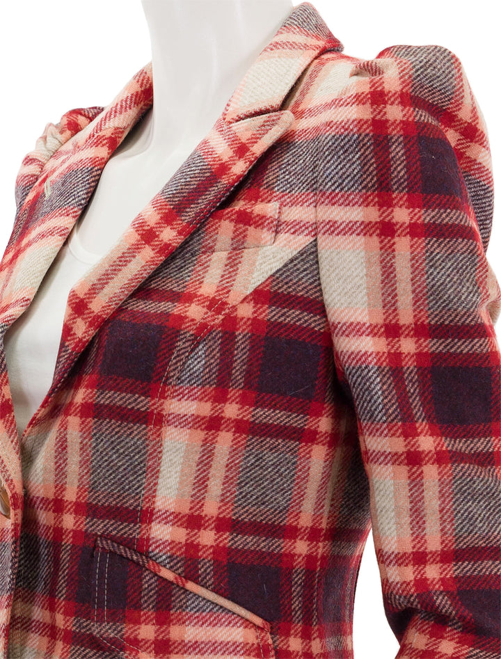 Close-up view of Smythe's pouf sleeve one button blazer in carrmine plaid.