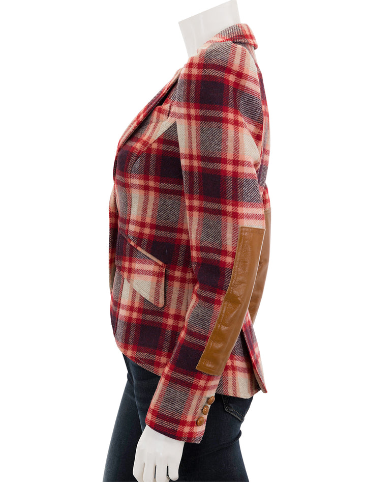 Side view of Smythe's pouf sleeve one button blazer in carrmine plaid.