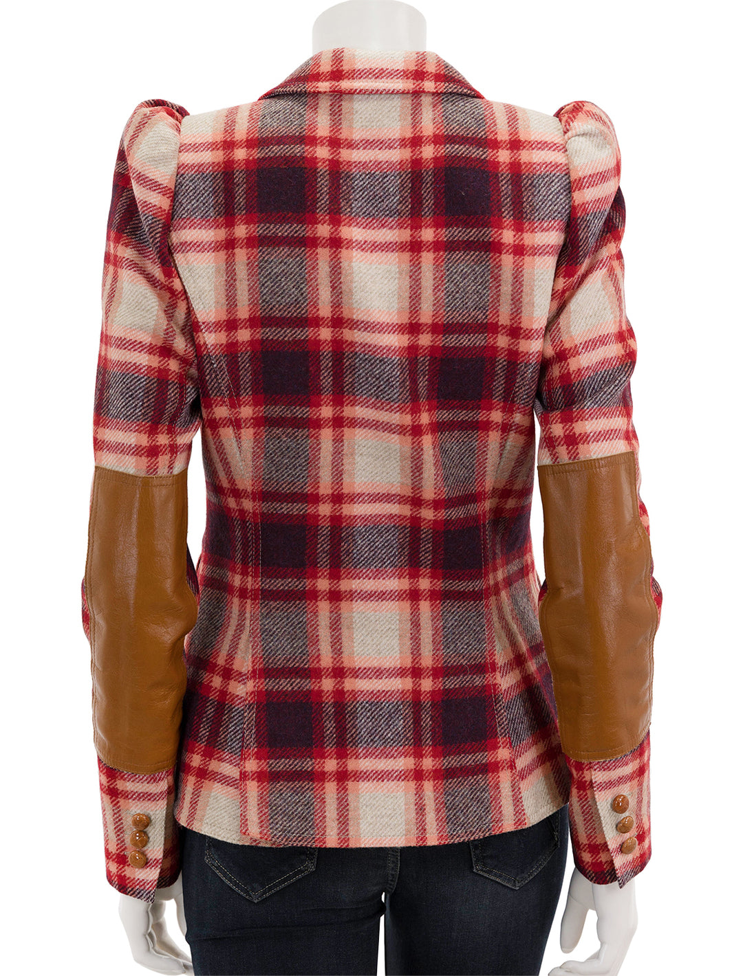 Back view of Smythe's pouf sleeve one button blazer in carrmine plaid.