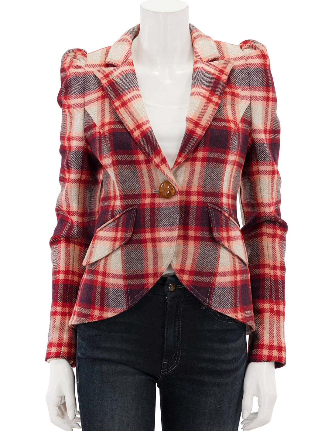 Front view of Smythe's pouf sleeve one button blazer in carrmine plaid, buttoned.